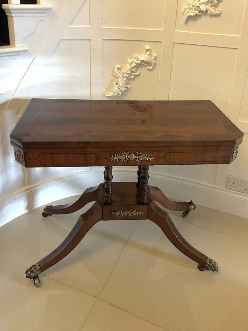 Fine Quality Antique Regency Figured Mahogany Card/Console Table with Gilded Brass Mounts